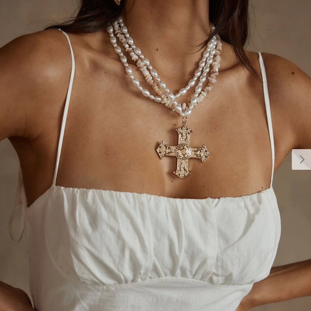 12th Tribe Angelica Gold Pearl Cross Statement Necklace